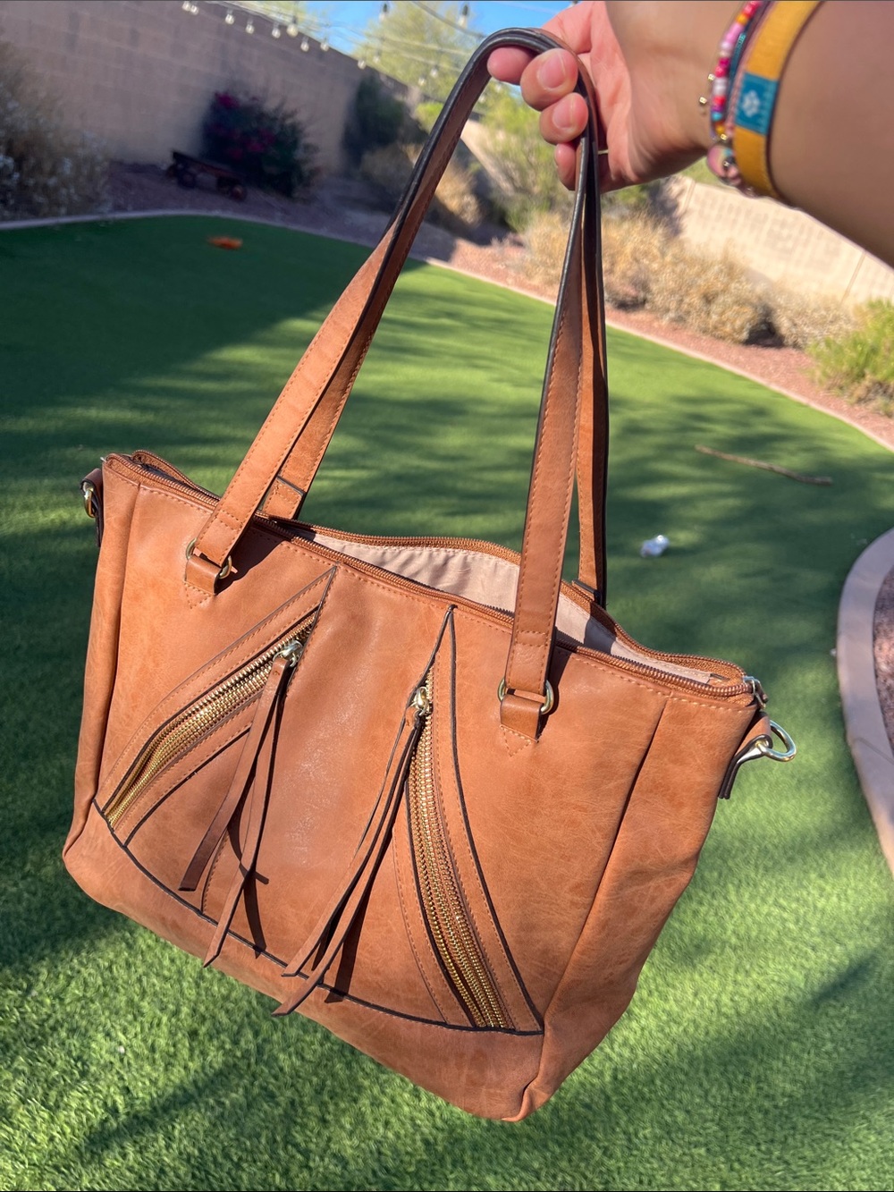 a.n.a - A New Approach - Tan / Brown Tote Bag with Top Zip and Tassels + FREEBIE